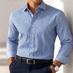 Calvin Klein Blue‎ Gingham Cotton Dress Shirt Business 17.5 32/33